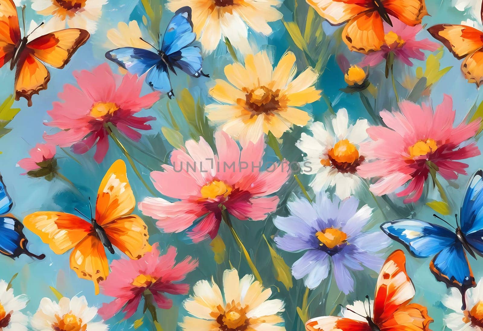 Colorful butterflies flutter gracefully above a vibrant array of wildflowers, creating a lively and cheerful atmosphere in a sunlit meadow. Generative AI.