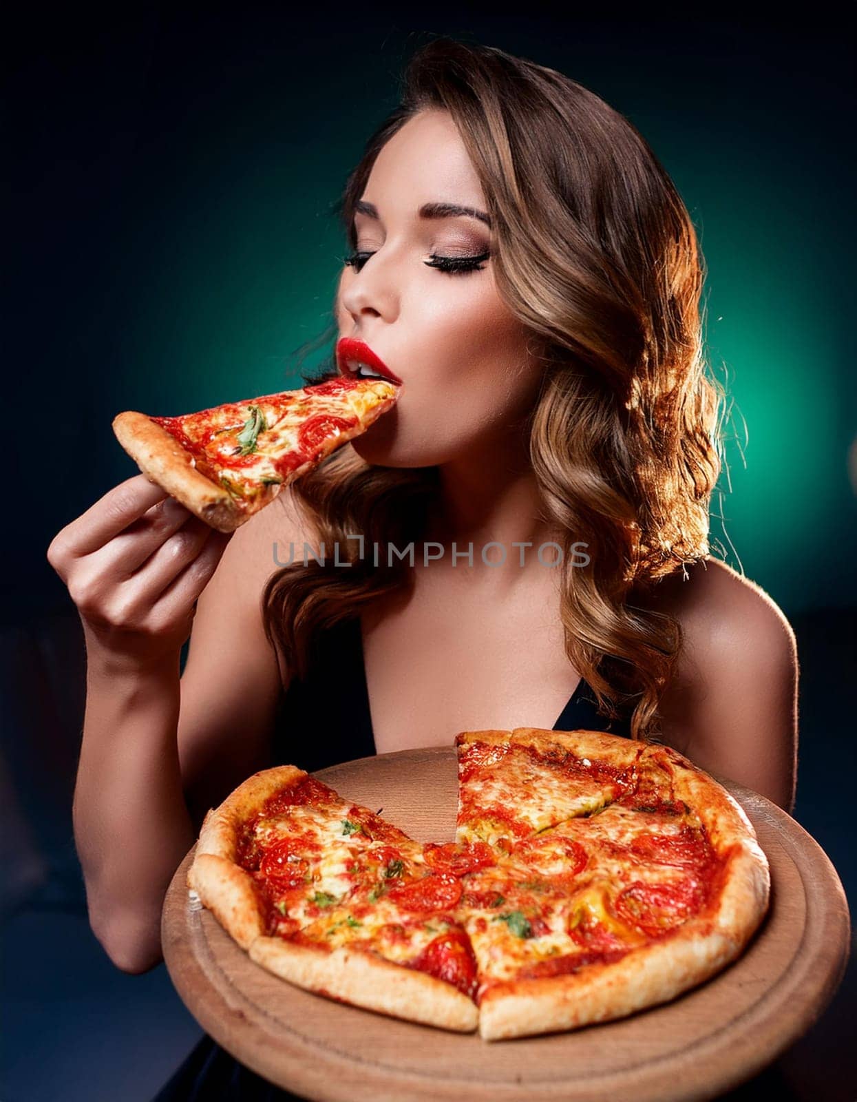 pretty young woman eating pizza margherita, AI generated image