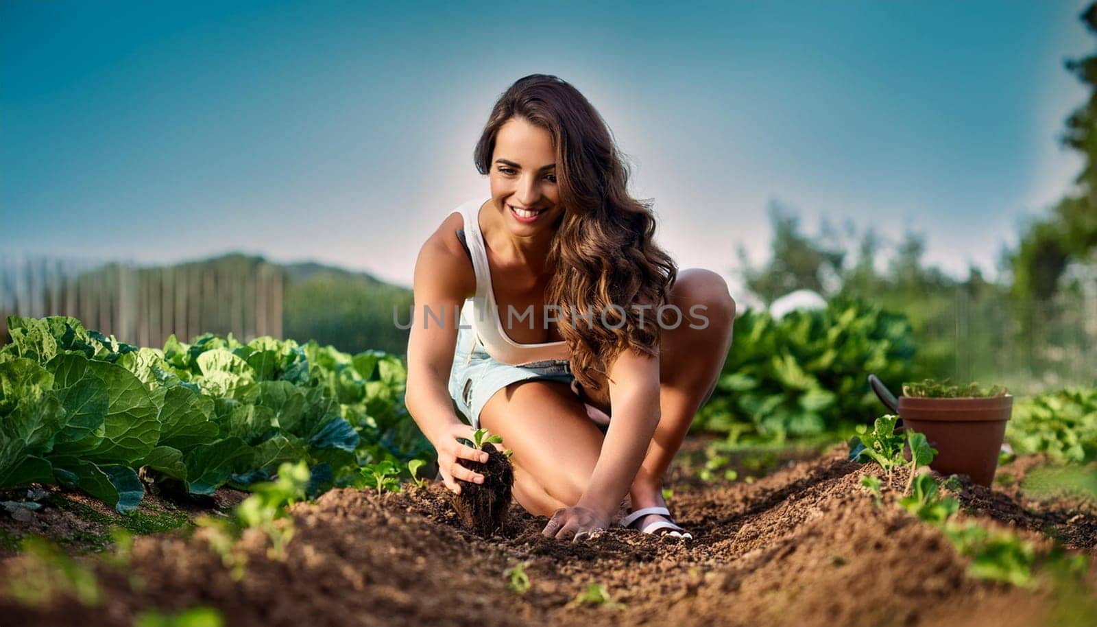 woman doing the garden in a vegetable garden, AI generated image