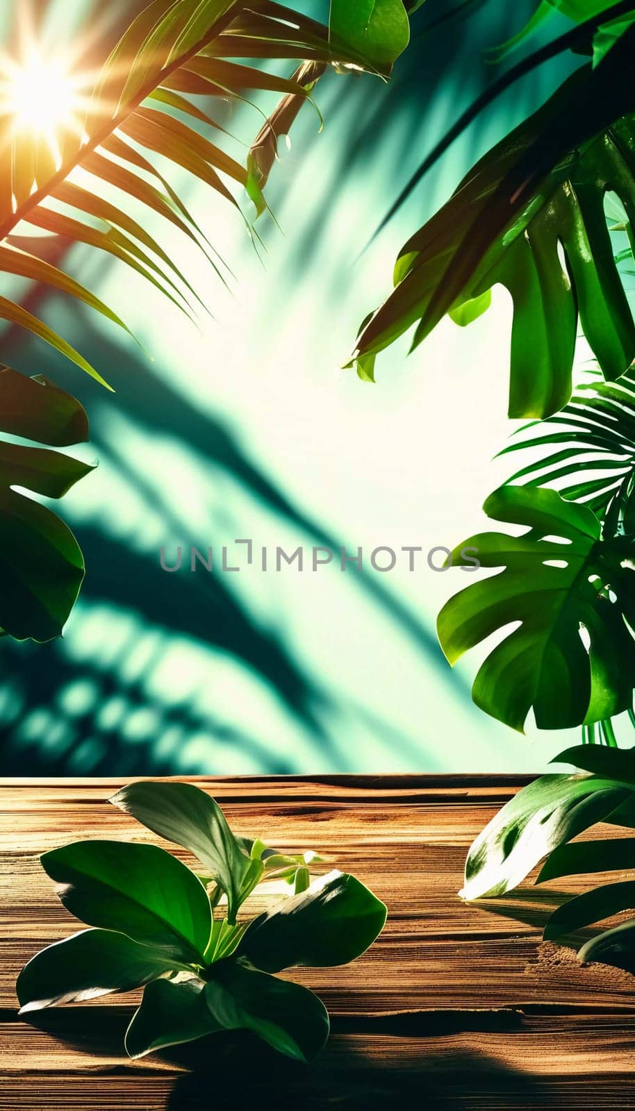 View of various tropical plants with striking green leaves, set against a vivid yellow orange backdrop, creating a lively indoor atmosphere filled with natural light. Copy space. Generative AI