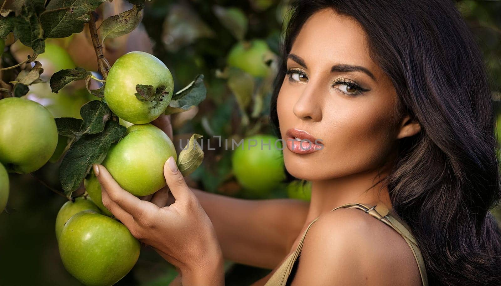 gorgeous young woman picking green apples from a tree, AI generated image