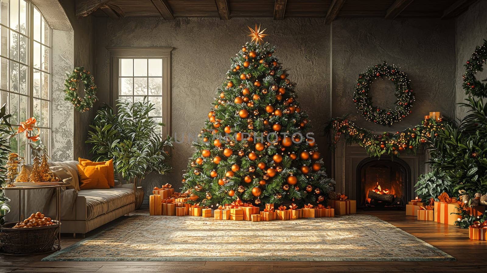 A stunning 3D-rendered Christmas tree, lavishly decorated with vibrant orange ornaments, creating a warm and festive holiday atmosphere. The graphic emphasizes the tree’s texture and detail, highlighting the beauty of each bright orange ball against lush green branches.