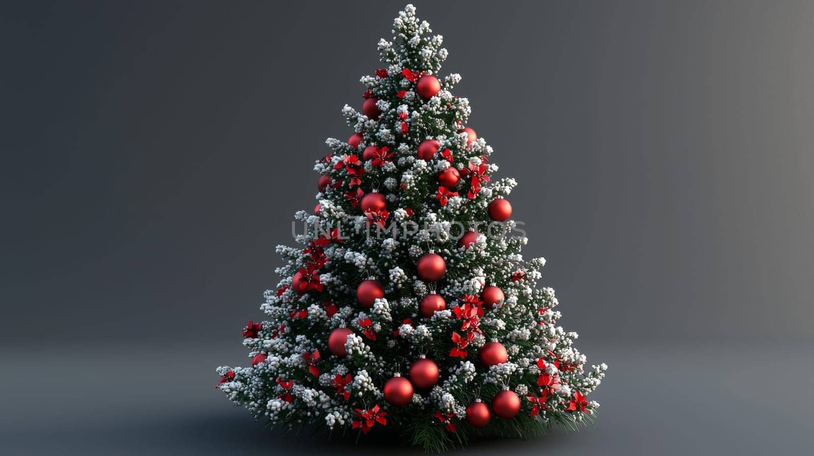 A lifelike 3D-rendered Christmas tree elegantly decorated with vibrant red ornaments. This festive display captures the holiday spirit with striking detail and color, showcasing the beauty of each ornament against the rich green branches.A lifelike 3D-rendered Christmas tree elegantly decorated with vibrant red ornaments. This festive display captures the holiday spirit with striking detail and color, showcasing the beauty of each ornament against the rich green branches.