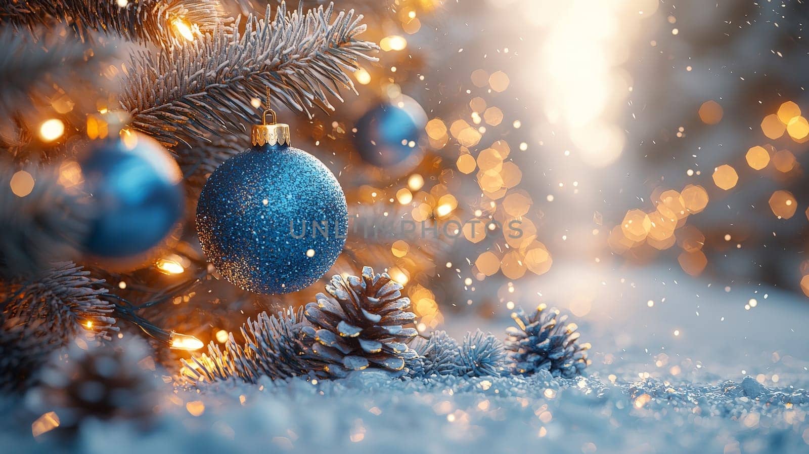 A stunning 3D-rendered Christmas tree adorned with vivid blue ornaments, capturing the holiday essence with rich color and intricate detail. This festive scene highlights the elegance of bright blue decorations contrasting beautifully against lush green branches.