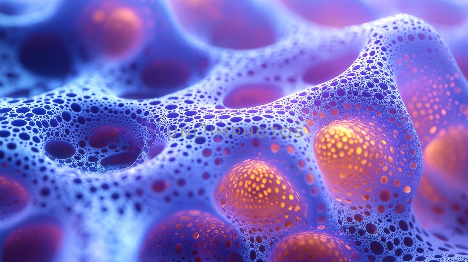 A mesmerizing close-up of filigree fractal biogen nanostructures, featuring glowing hexagonal holes. The intricate patterns exhibit high resolution and exceptional detail, with vibrant glowing effects contrasting against the dark background. The image showcases the elegance and complexity of nanotechnology, emphasizing its beauty in a hyper-realistic, high-contrast format.