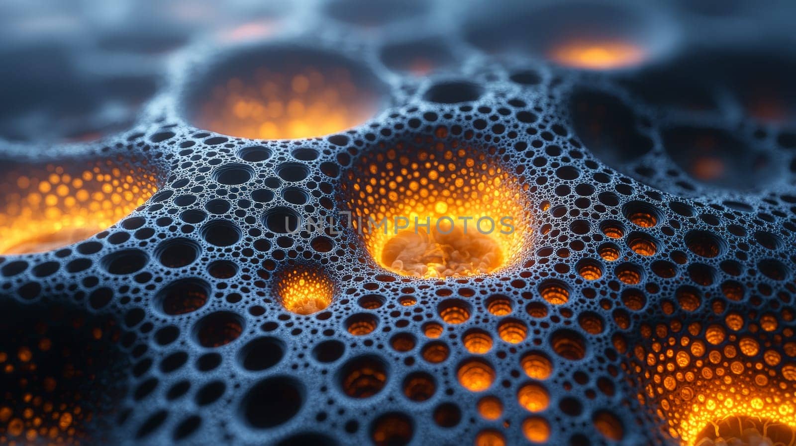 A mesmerizing close-up of filigree fractal biogen nanostructures, featuring glowing hexagonal holes. The intricate patterns exhibit high resolution and exceptional detail, with vibrant glowing effects contrasting against the dark background. The image showcases the elegance and complexity of nanotechnology, emphasizing its beauty in a hyper-realistic, high-contrast format.