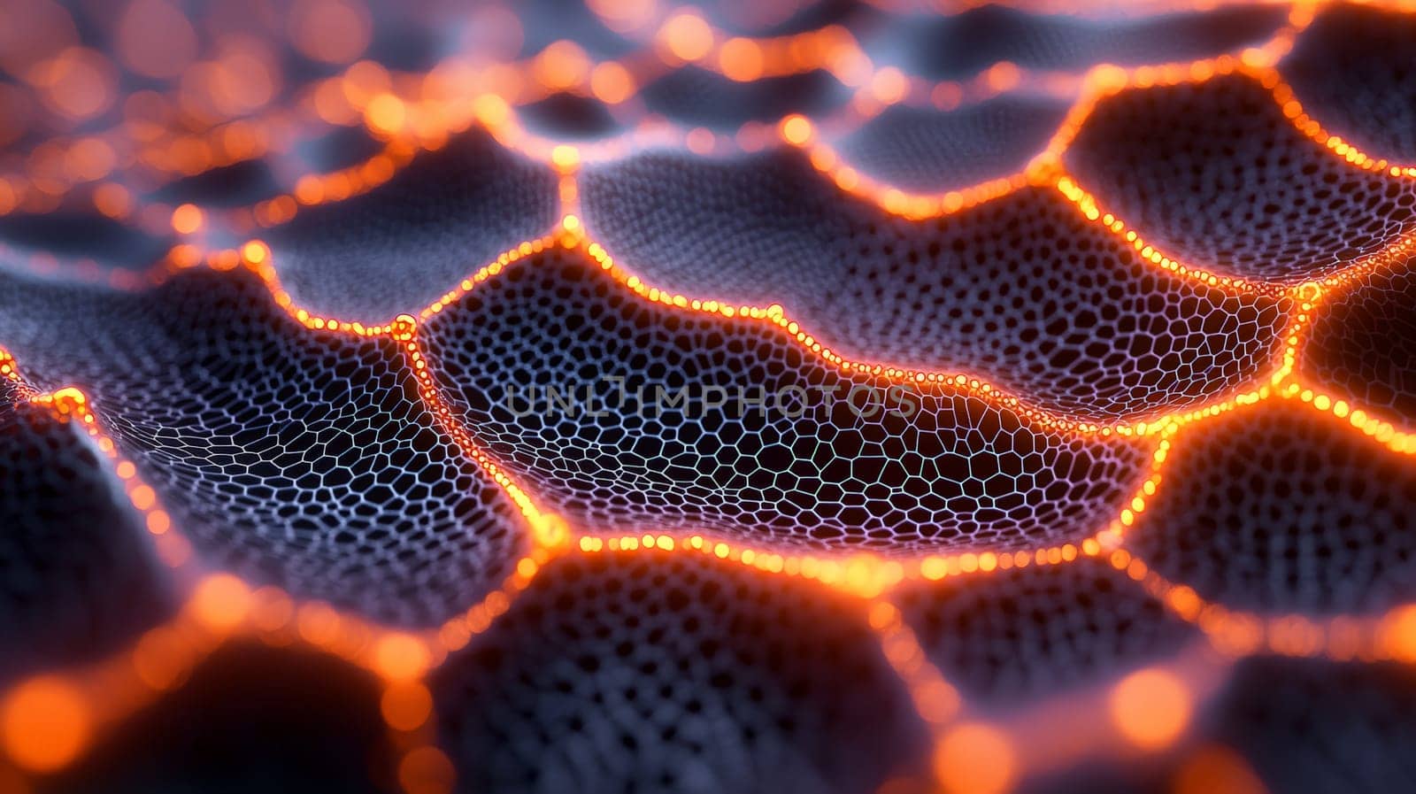A mesmerizing close-up of filigree fractal biogen nanostructures, featuring glowing hexagonal holes. The intricate patterns exhibit high resolution and exceptional detail, with vibrant glowing effects contrasting against the dark background. The image showcases the elegance and complexity of nanotechnology, emphasizing its beauty in a hyper-realistic, high-contrast format.