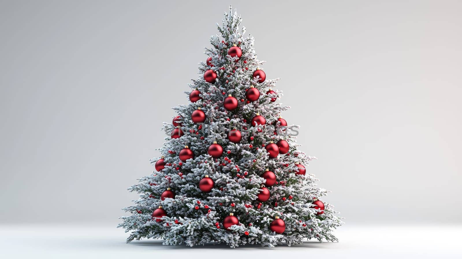 A lifelike 3D-rendered Christmas tree elegantly decorated with vibrant red ornaments. This festive display captures the holiday spirit with striking detail and color, showcasing the beauty of each ornament against the rich green branches.A lifelike 3D-rendered Christmas tree elegantly decorated with vibrant red ornaments. This festive display captures the holiday spirit with striking detail and color, showcasing the beauty of each ornament against the rich green branches.