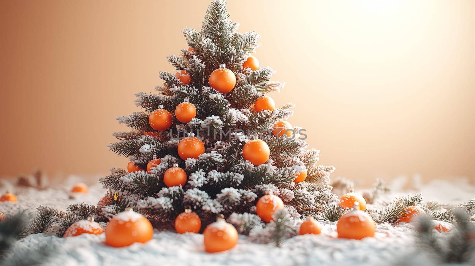 A stunning 3D-rendered Christmas tree, lavishly decorated with vibrant orange ornaments, creating a warm and festive holiday atmosphere. The graphic emphasizes the tree’s texture and detail, highlighting the beauty of each bright orange ball against lush green branches.
