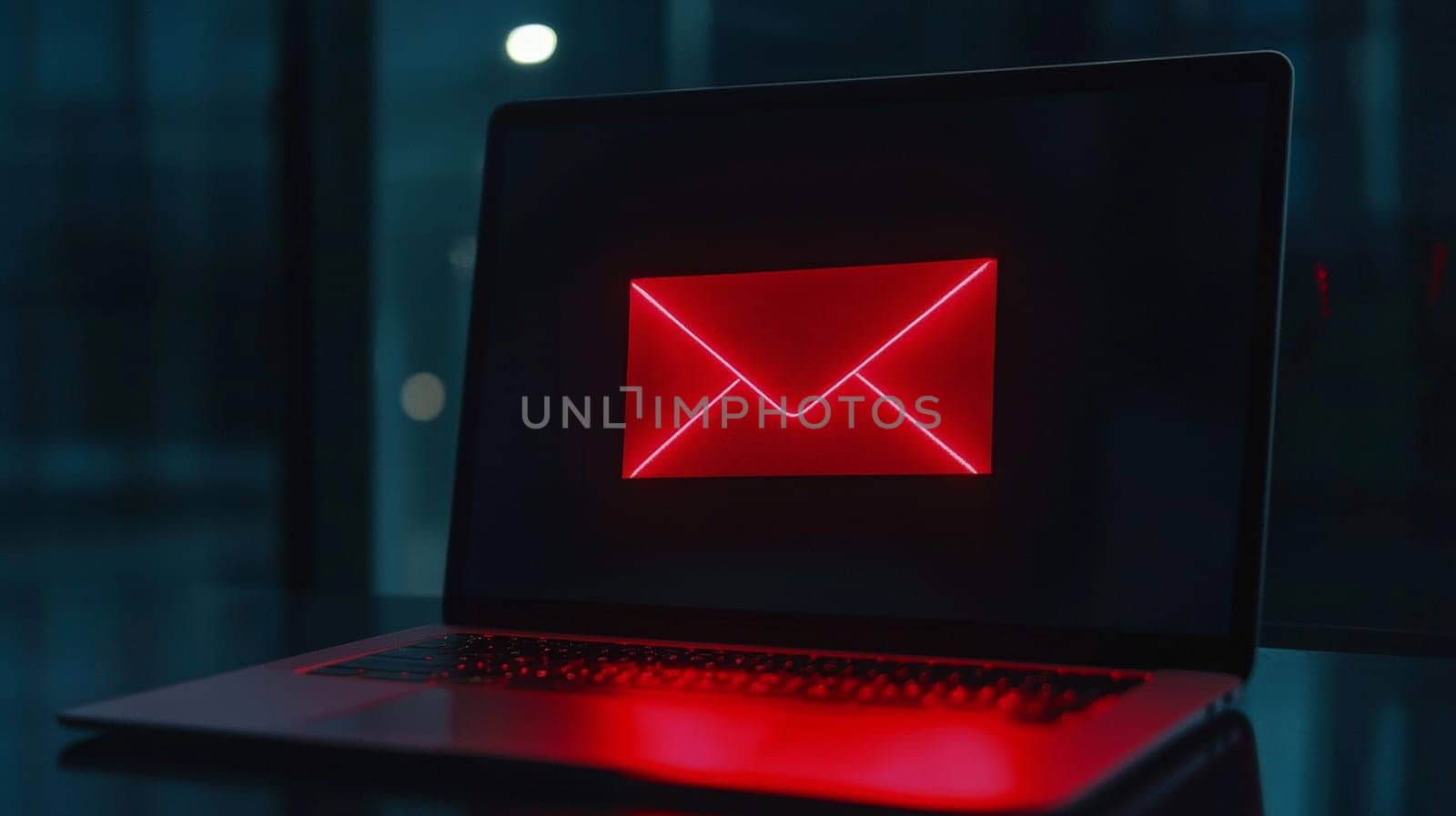 A close-up photo of a laptop screen displaying a red envelope icon, symbolizing a phishing email alert. This powerful visual emphasizes the importance of cybersecurity and awareness of phishing scams.