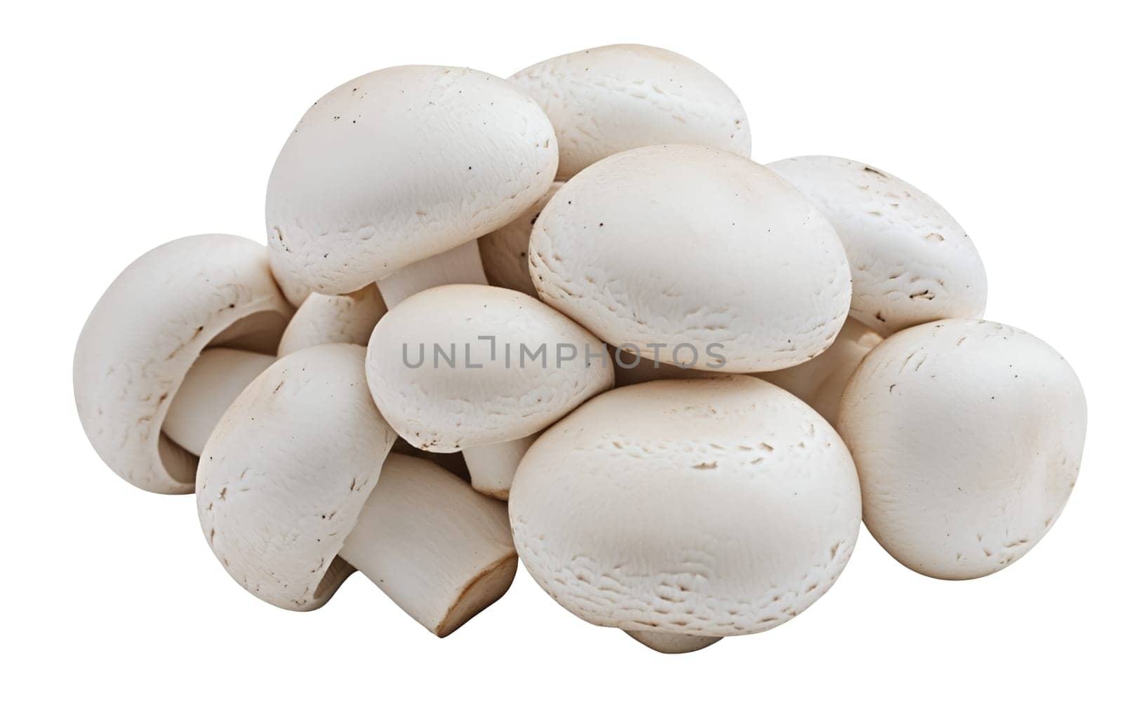 A cluster of fresh white mushrooms with smooth caps, perfect for culinary uses and healthy meals. Isolated on white background.