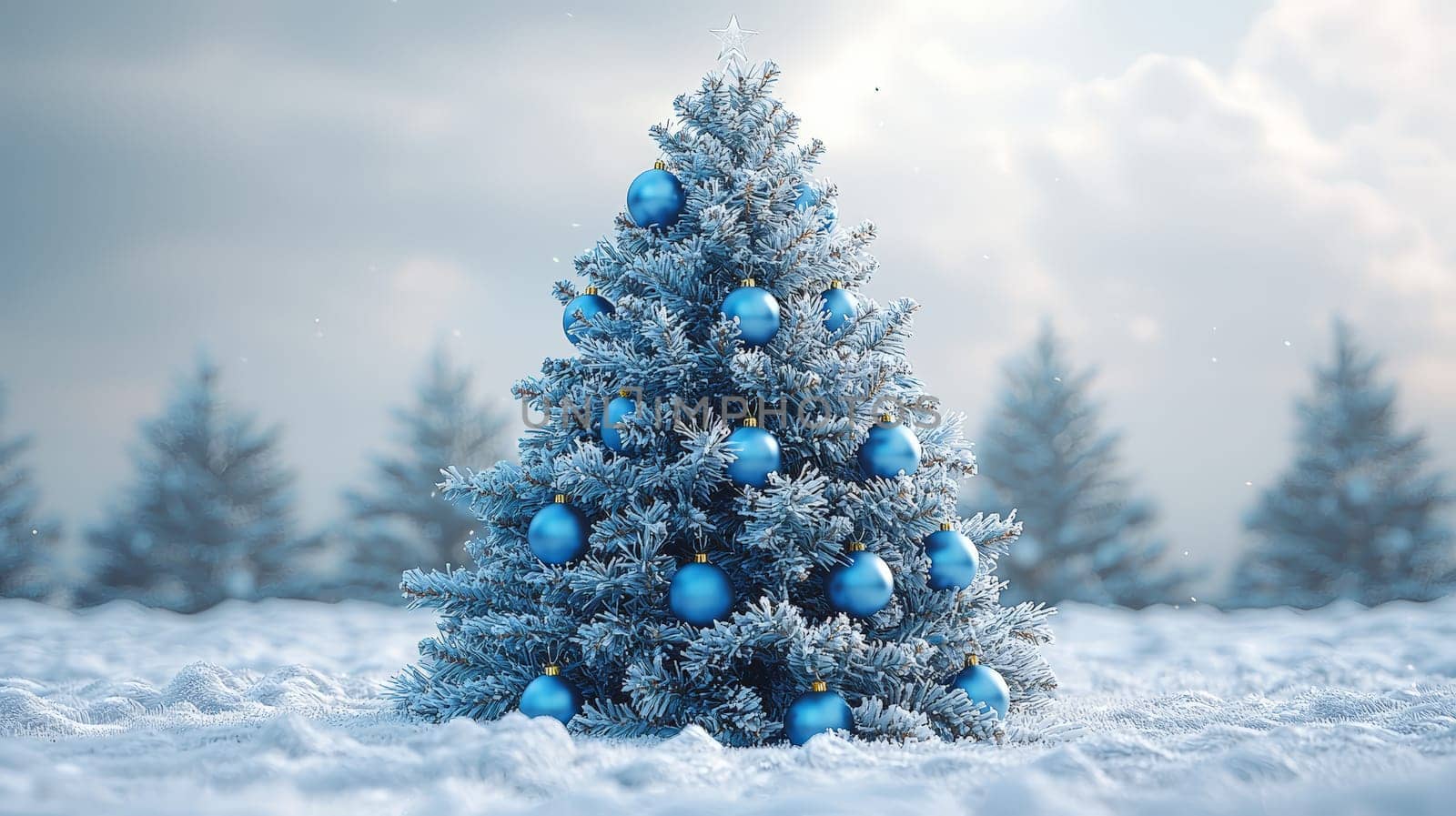 A stunning 3D-rendered Christmas tree adorned with vivid blue ornaments, capturing the holiday essence with rich color and intricate detail. This festive scene highlights the elegance of bright blue decorations contrasting beautifully against lush green branches.