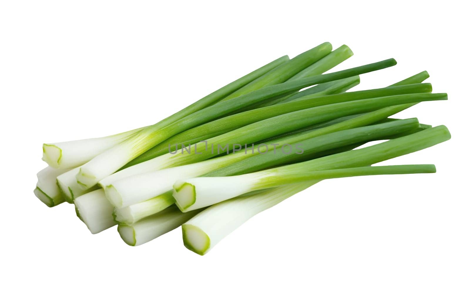 A bunch of vibrant green onion stalks displayed on a clean background, showcasing their freshness and culinary appeal. Isolated on white background.