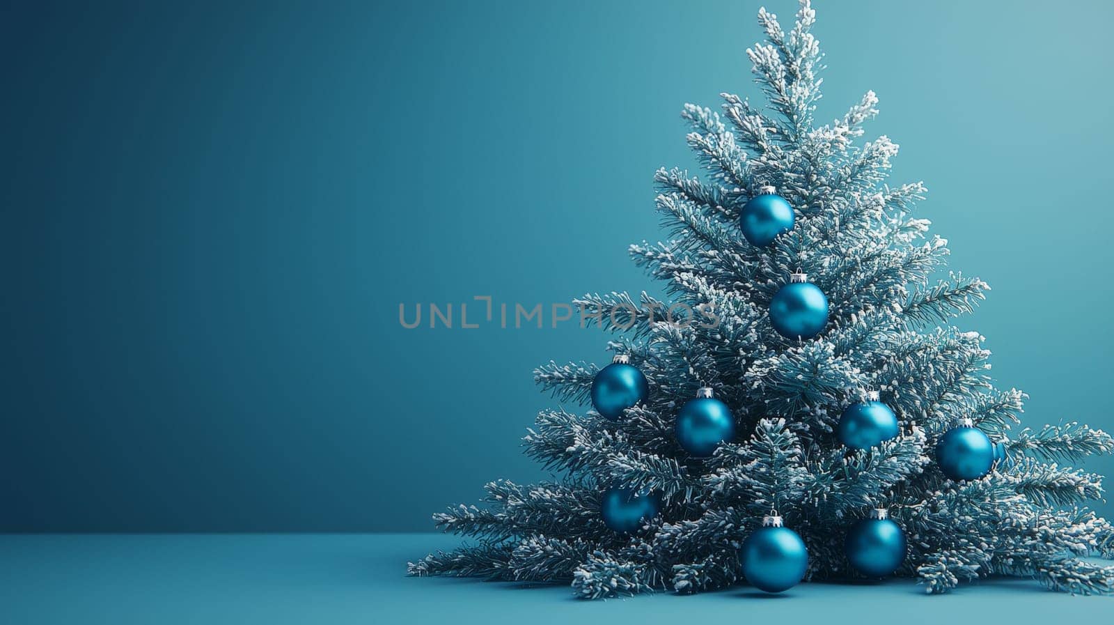 A stunning 3D-rendered Christmas tree adorned with vivid blue ornaments, capturing the holiday essence with rich color and intricate detail. This festive scene highlights the elegance of bright blue decorations contrasting beautifully against lush green branches.