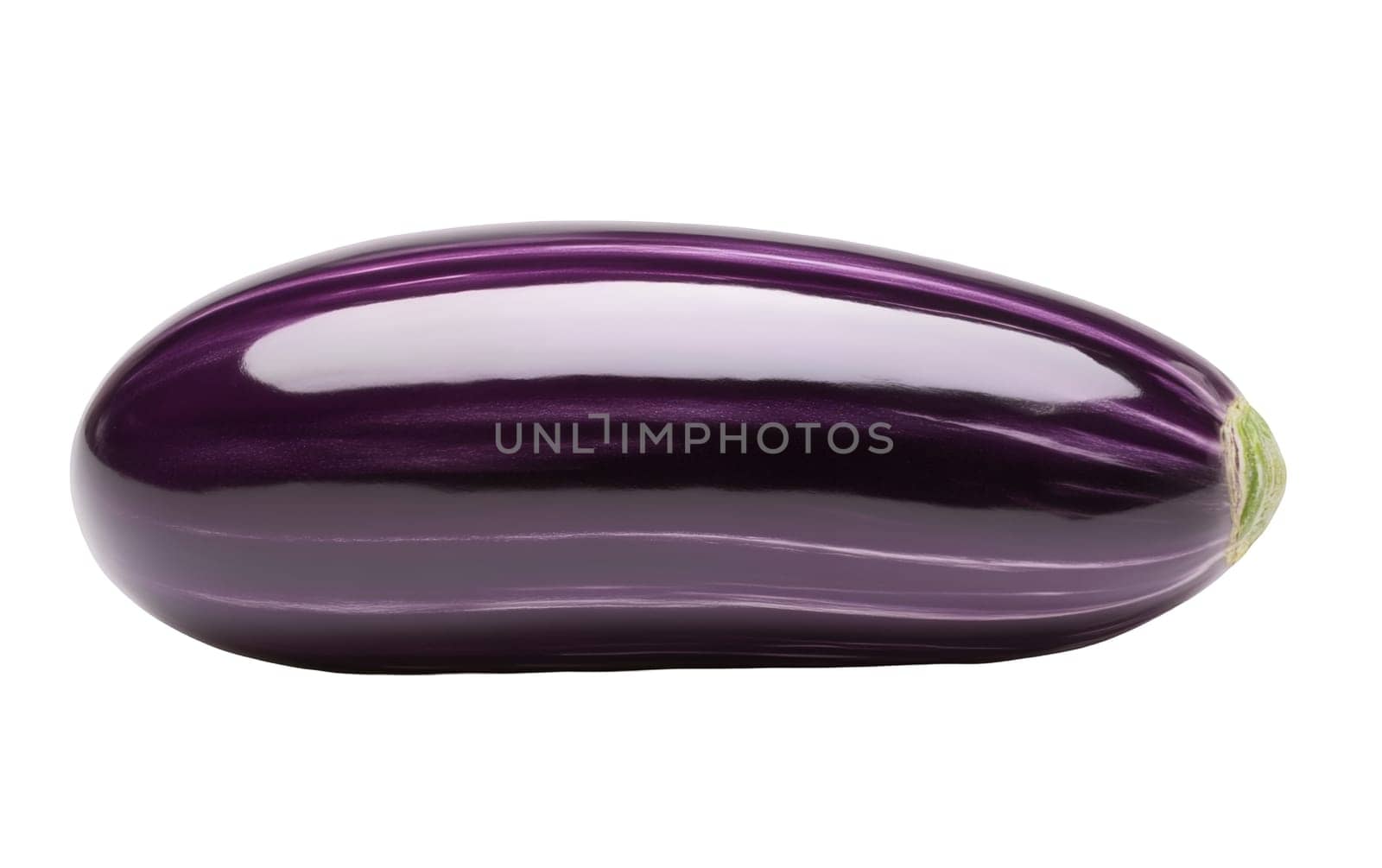 A shiny purple eggplant displayed on a white background, emphasizing its smooth texture and deep color. Isolated on white background.