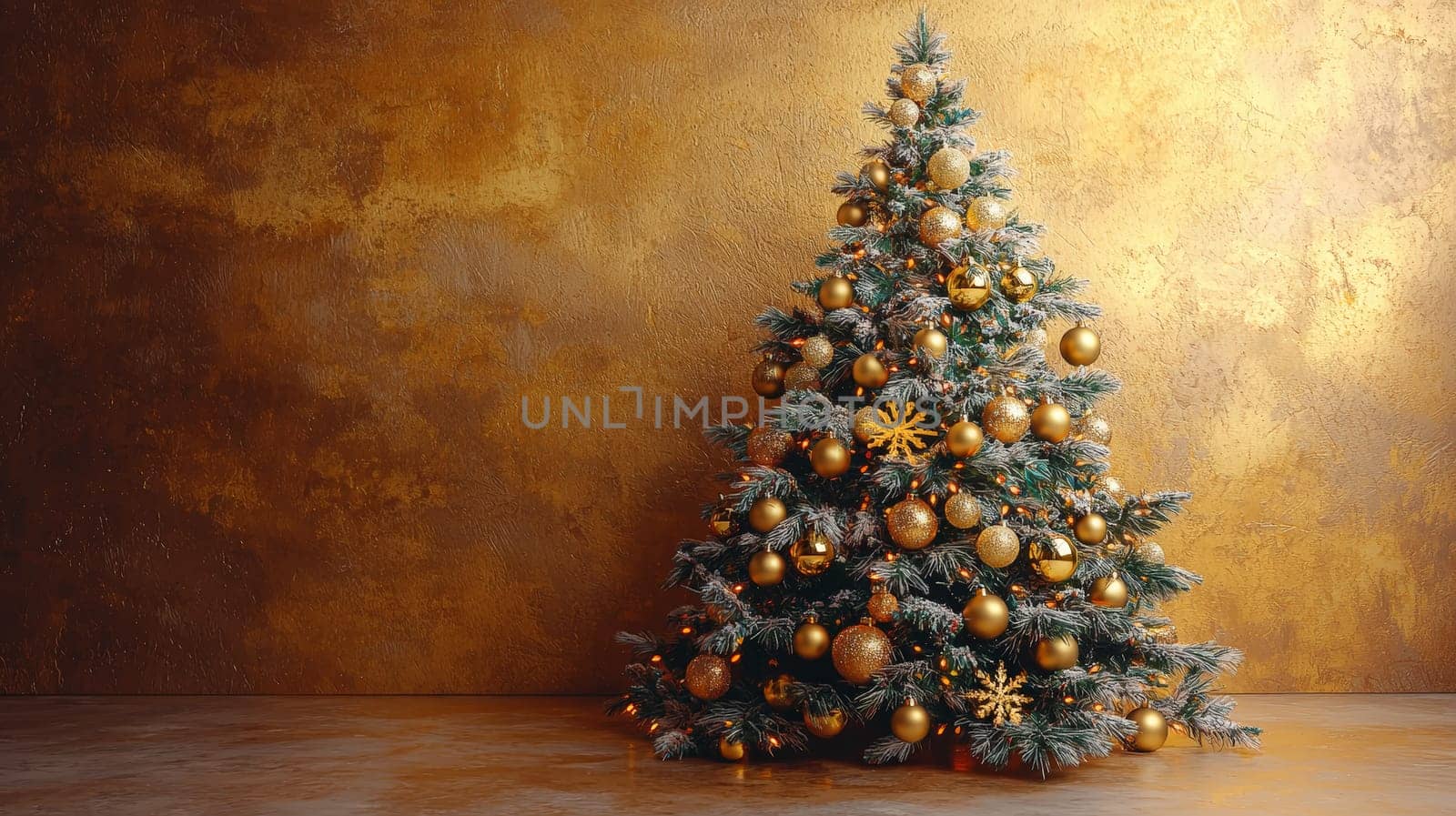 A stunning 3D graphic of a Christmas tree adorned with radiant gold ornaments, set against a rich gold background. This luxurious and festive scene captures the spirit of the holiday season in warm, golden tones.