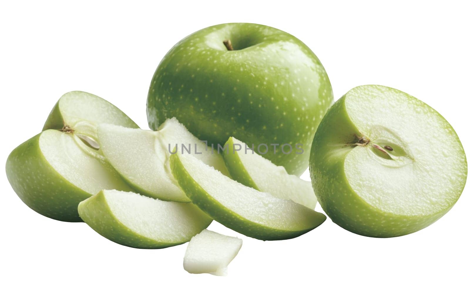 Sliced green apples arranged on a white background, showcasing their fresh and juicy texture. Isolated on white background.