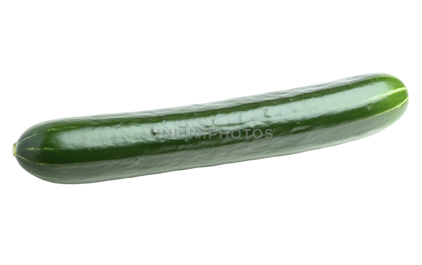 A long green cucumber showcased on a white background, emphasizing its smooth skin and fresh quality. Isolated on white background.