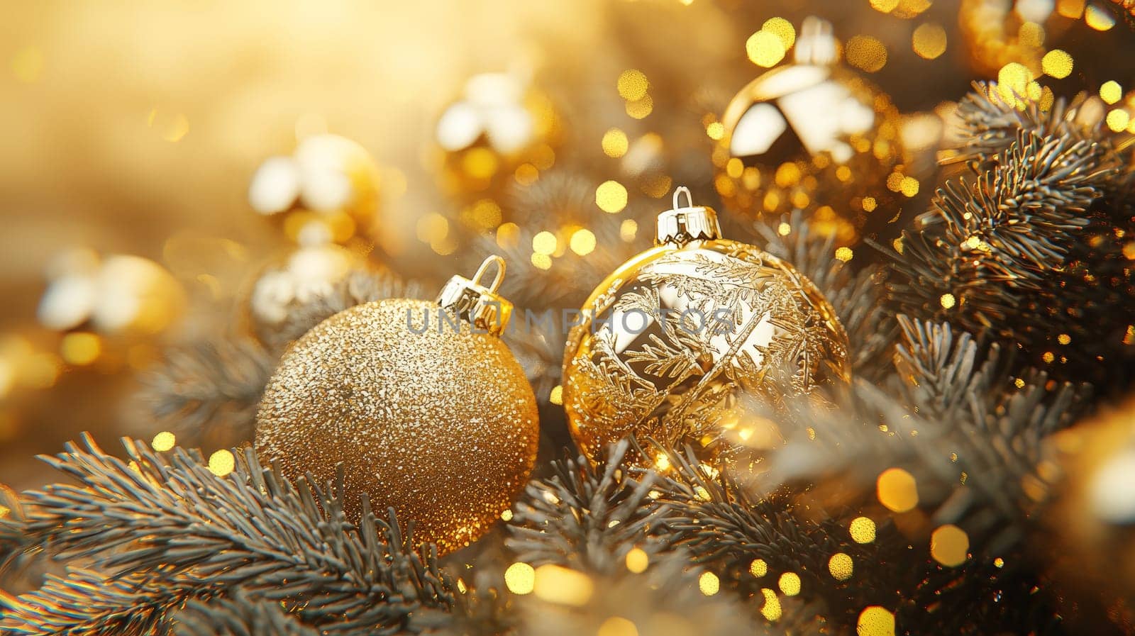 A stunning 3D graphic of a Christmas tree adorned with radiant gold ornaments, set against a rich gold background. This luxurious and festive scene captures the spirit of the holiday season in warm, golden tones.