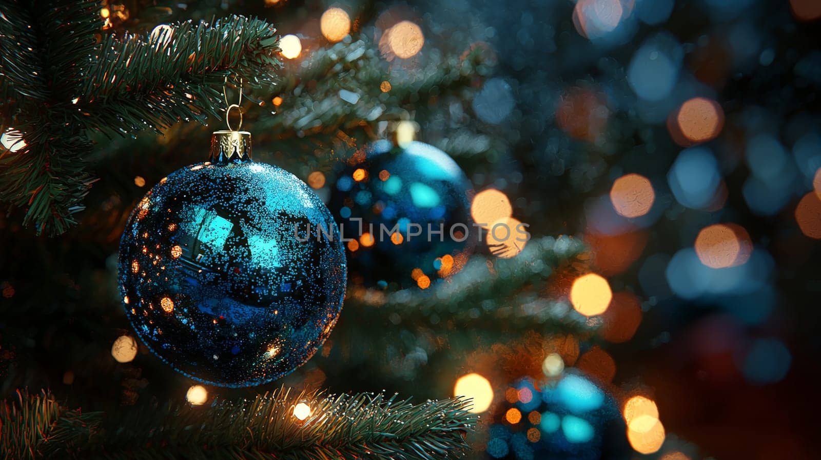 A stunning 3D-rendered Christmas tree adorned with vivid blue ornaments, capturing the holiday essence with rich color and intricate detail. This festive scene highlights the elegance of bright blue decorations contrasting beautifully against lush green branches.