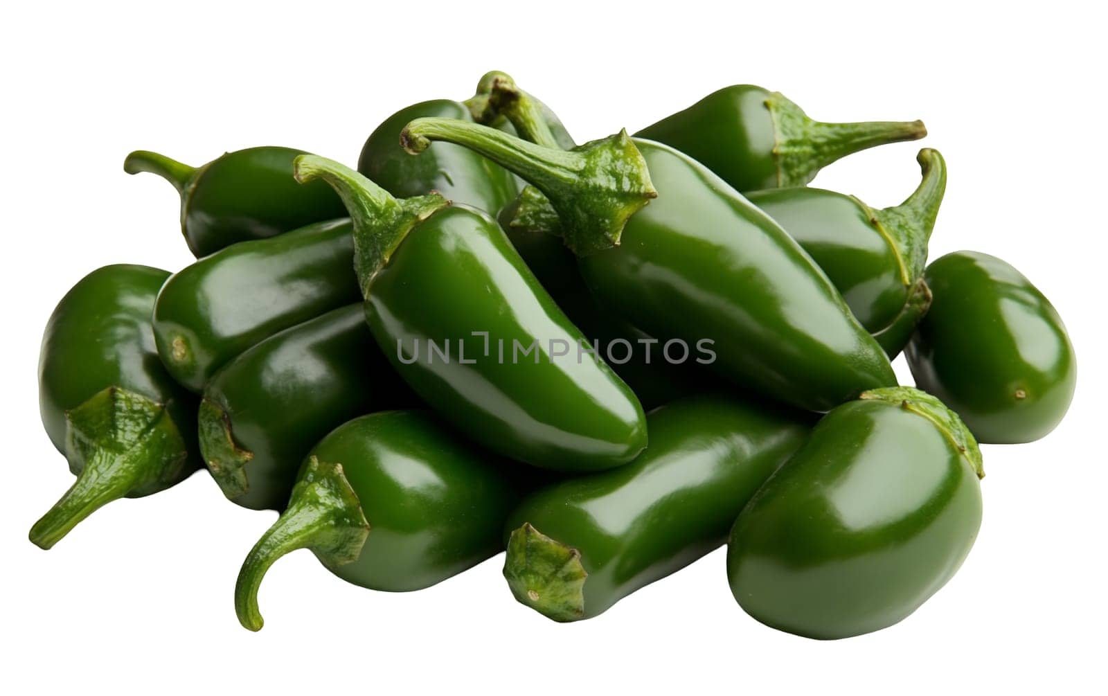 Cluster of shiny green jalapeno peppers, highlighting their vibrant color and smooth surface. Isolated on white background.