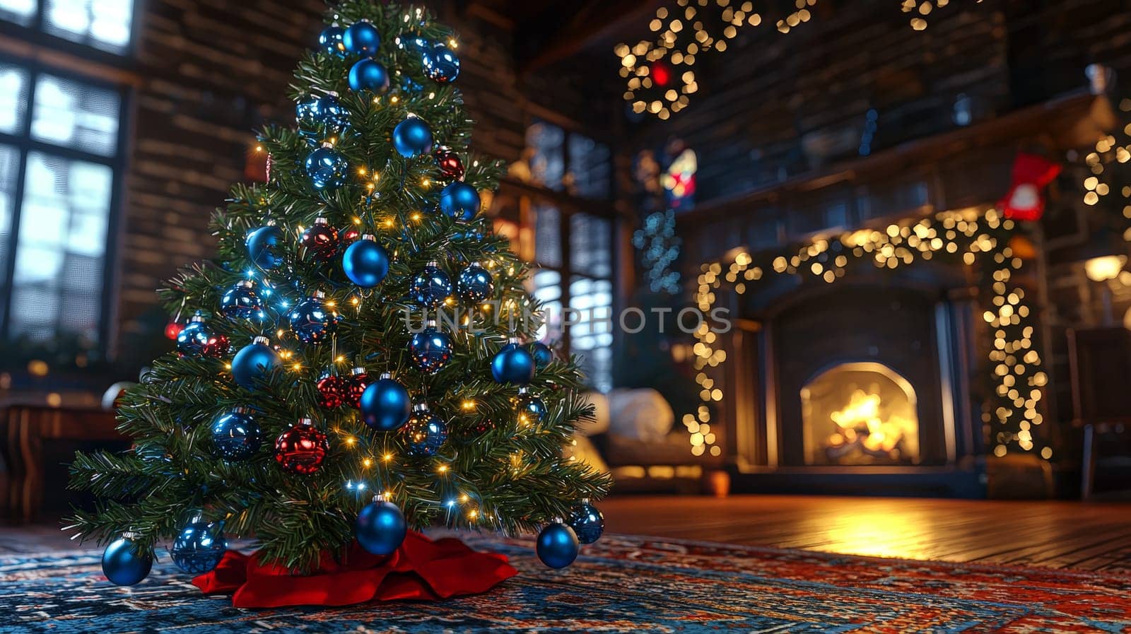 A stunning 3D-rendered Christmas tree adorned with vivid blue ornaments, capturing the holiday essence with rich color and intricate detail. This festive scene highlights the elegance of bright blue decorations contrasting beautifully against lush green branches.