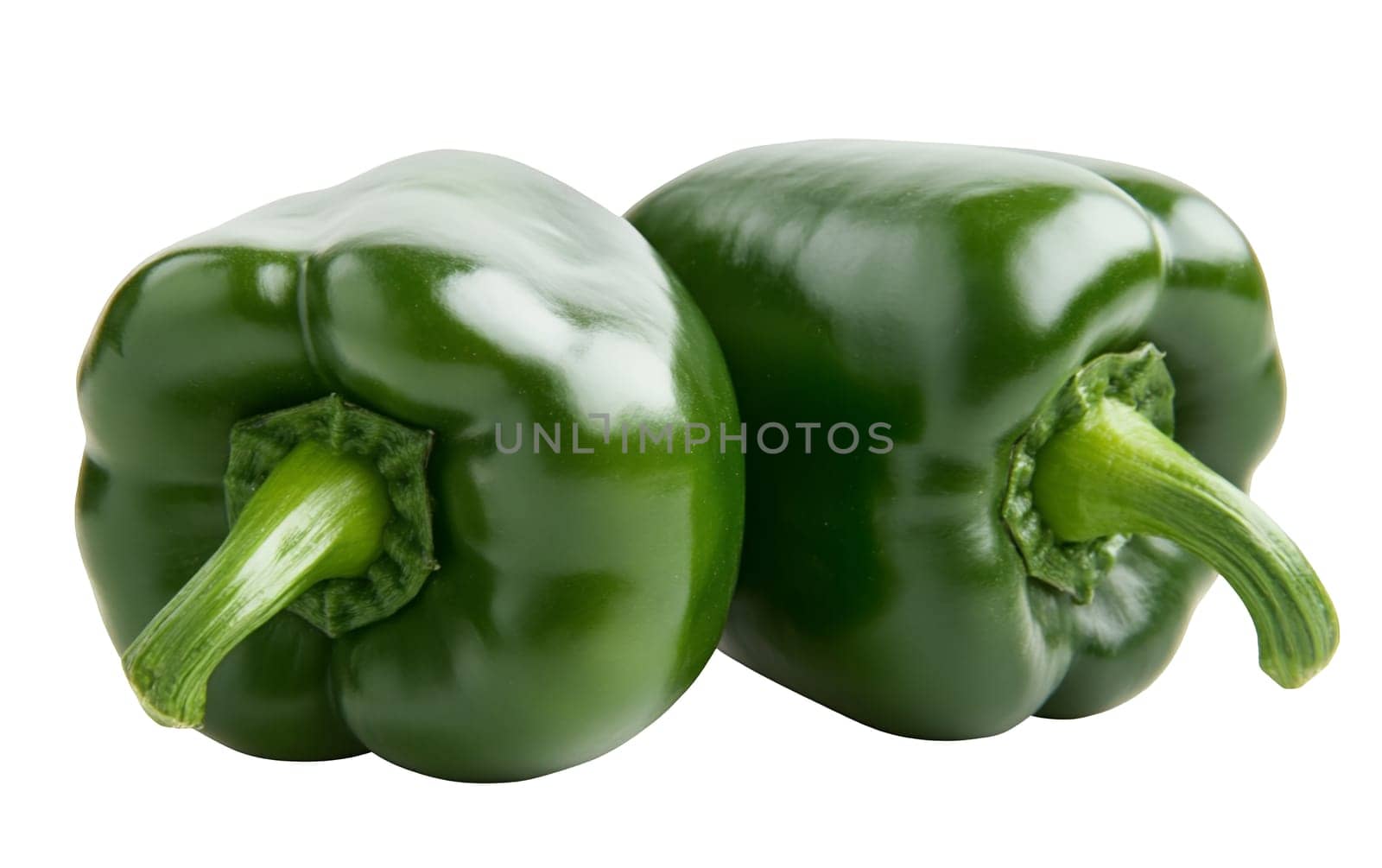 Two fresh green bell peppers on a clean background, showcasing their glossy texture and vibrant color. Isolated on white background.