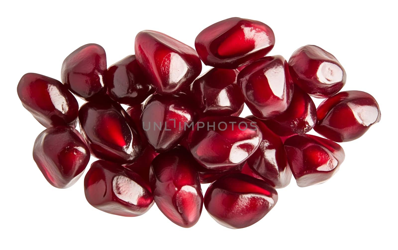 A close up of glossy pomegranate seeds, showcasing their vibrant red color and juicy texture. Isolated on white background.