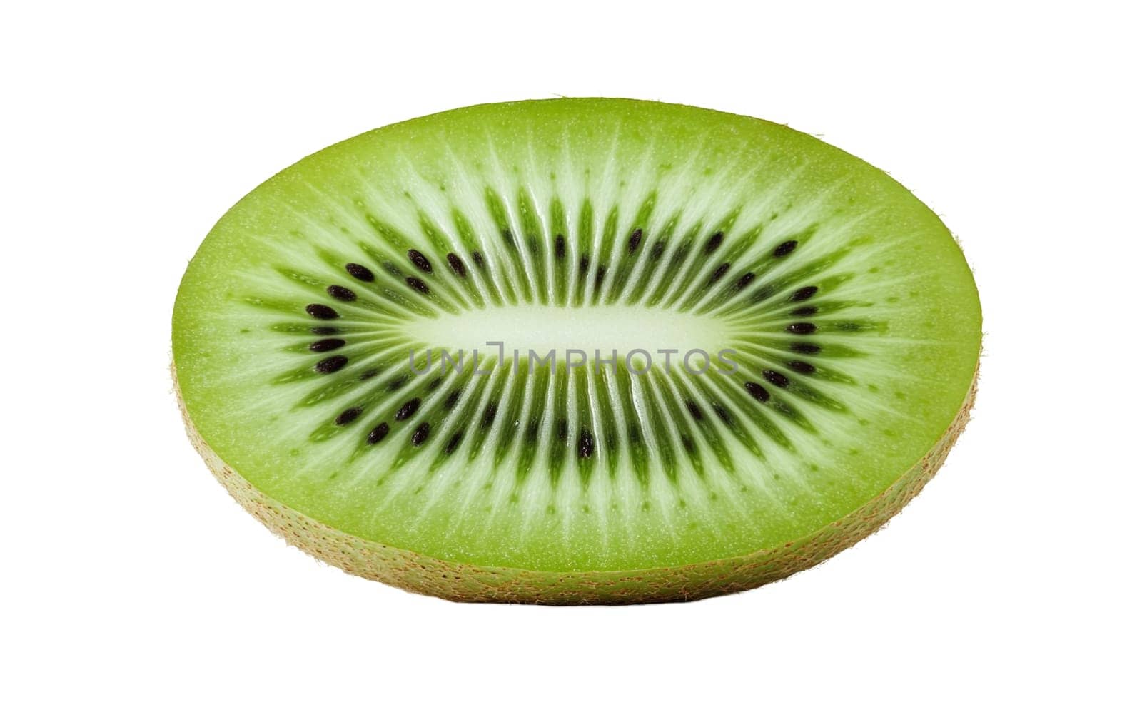 A vibrant slice of kiwi fruit, showcasing its bright green color and juicy texture. Isolated on white background.