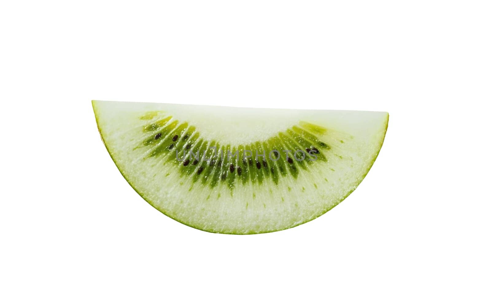 A fresh half slice of kiwi, perfect for a healthy snack or fruit salad. Isolated on white background.