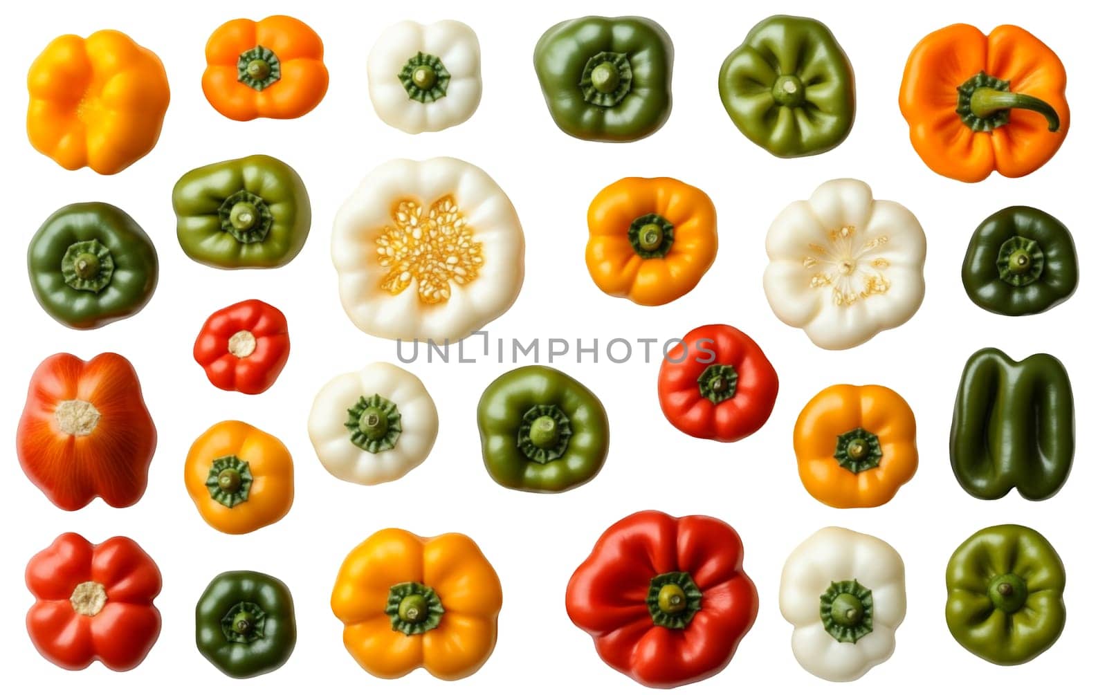 A variety of colorful bell peppers arranged in a top down view, showcasing their vibrant hues and fresh appeal. Isolated on white background.