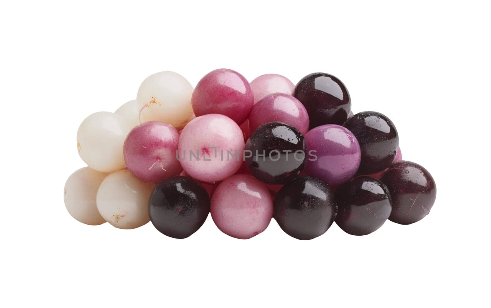 Various colorful gumballs arranged in a playful cluster, perfect for candy displays and themes. Isolated on white background.