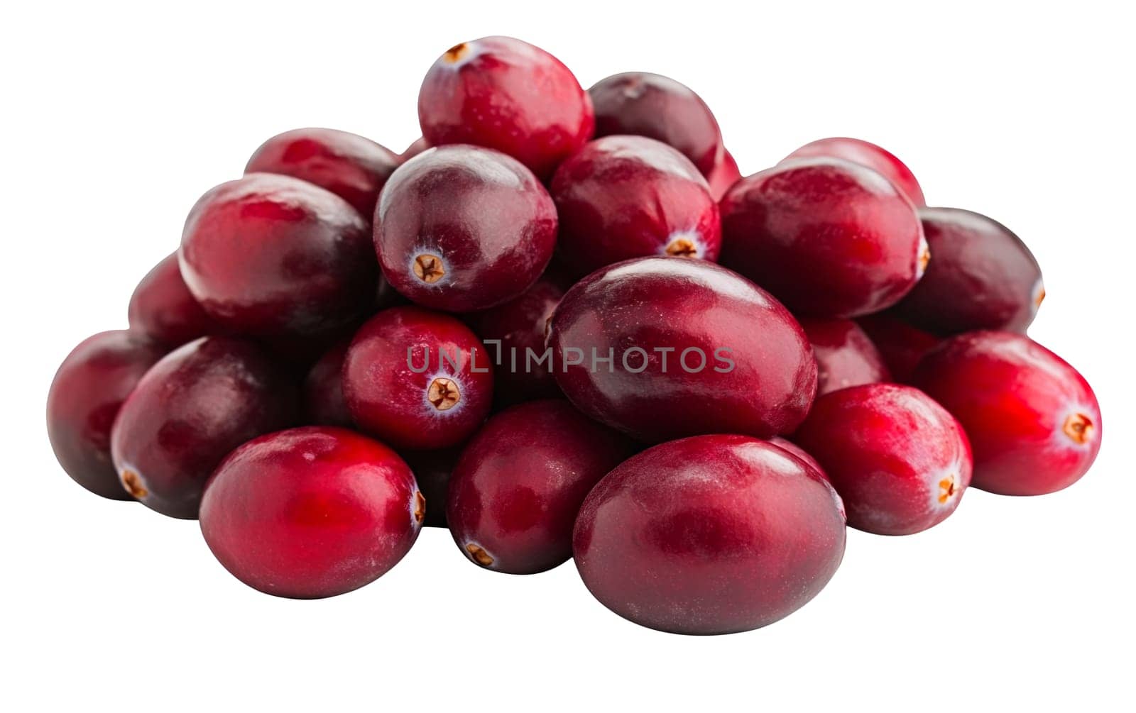 A mound of fresh cranberries, their vibrant red color indicating ripeness and tart flavor. Isolated on white background.