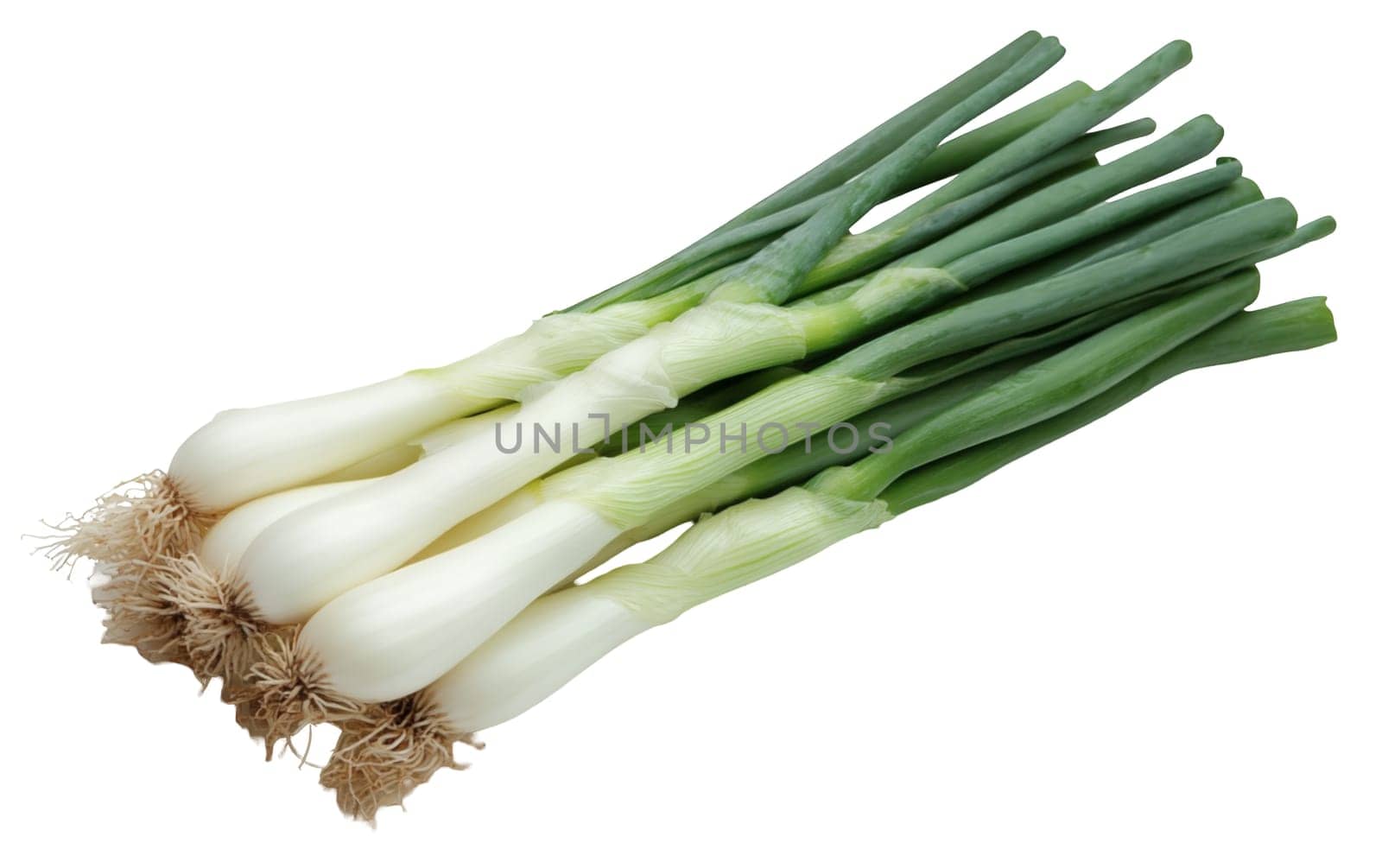 A neatly arranged bunch of fresh spring onions, perfect for adding flavor and crunch to dishes. Isolated on white background.
