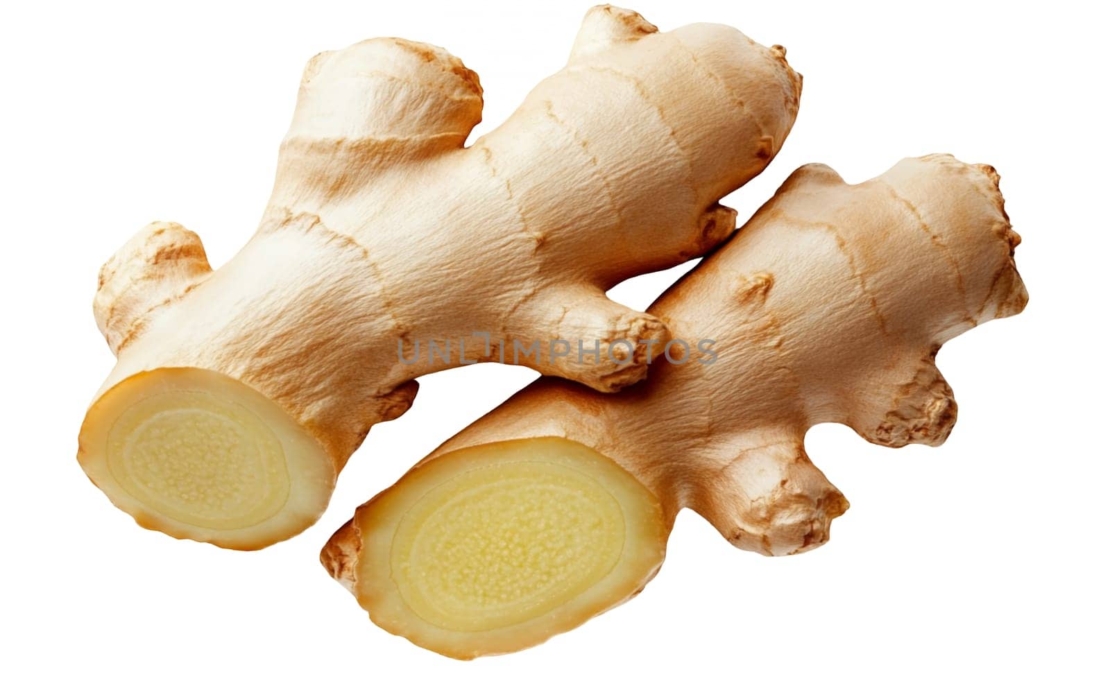Fresh ginger roots with a light brown skin and sliced to show their fibrous interior, ready for cooking. Isolated on white background.