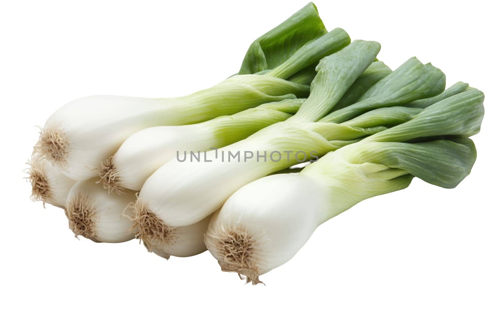 Cluster of white onions with lush green tops, perfect for cooking and garnishing dishes. Isolated on white background.