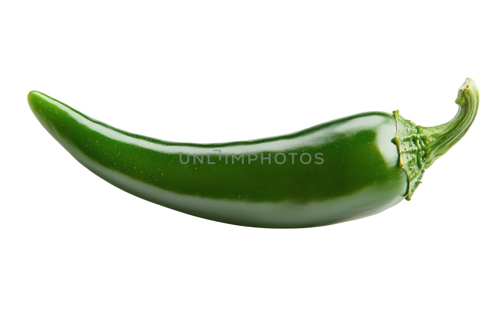 A fresh green chili pepper isolated on a white background, highlighting its glossy texture and vibrant color. Isolated on white background.