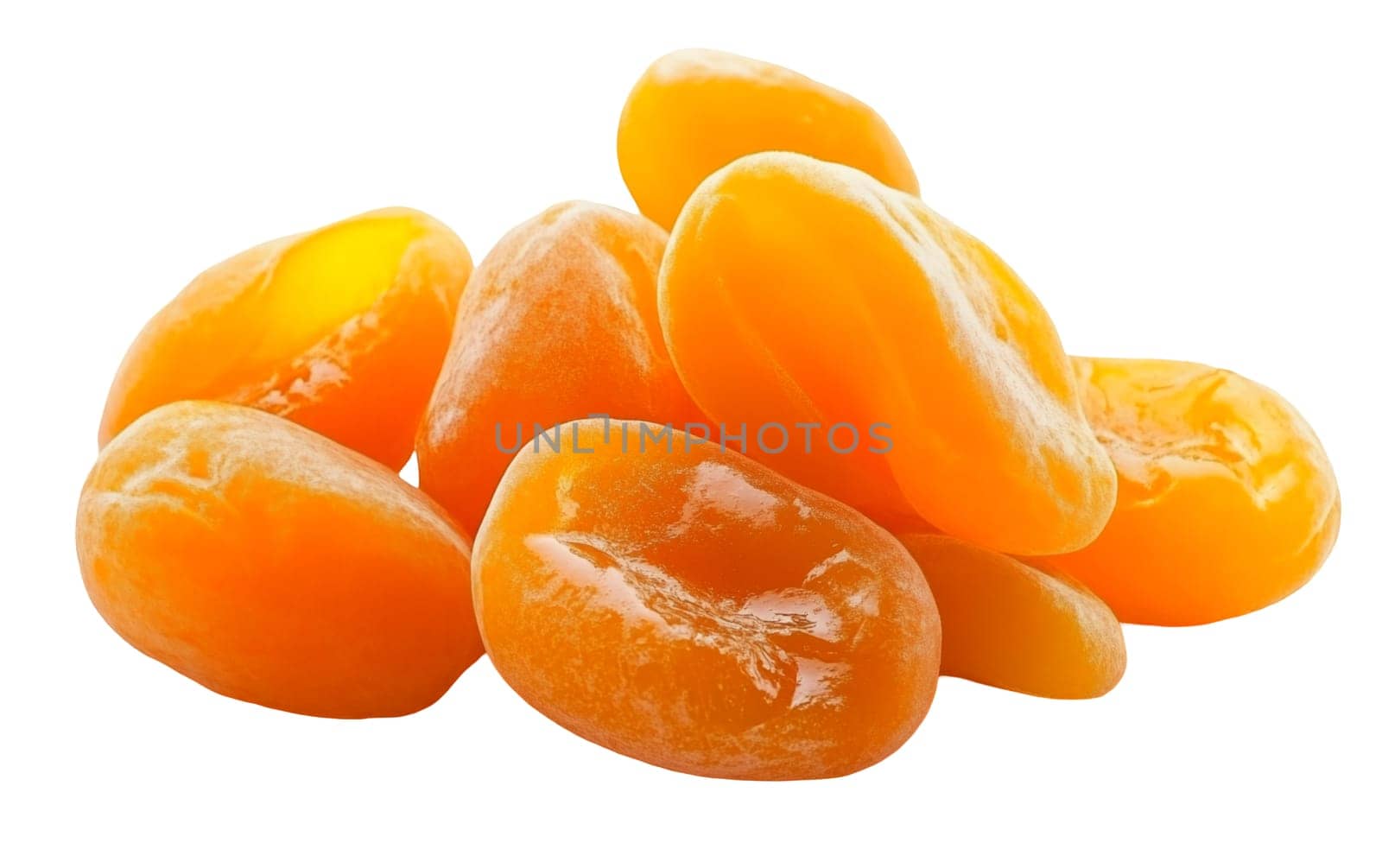 A heap of dried apricots with a rich golden hue, perfect for snacking or baking. Isolated on white background.