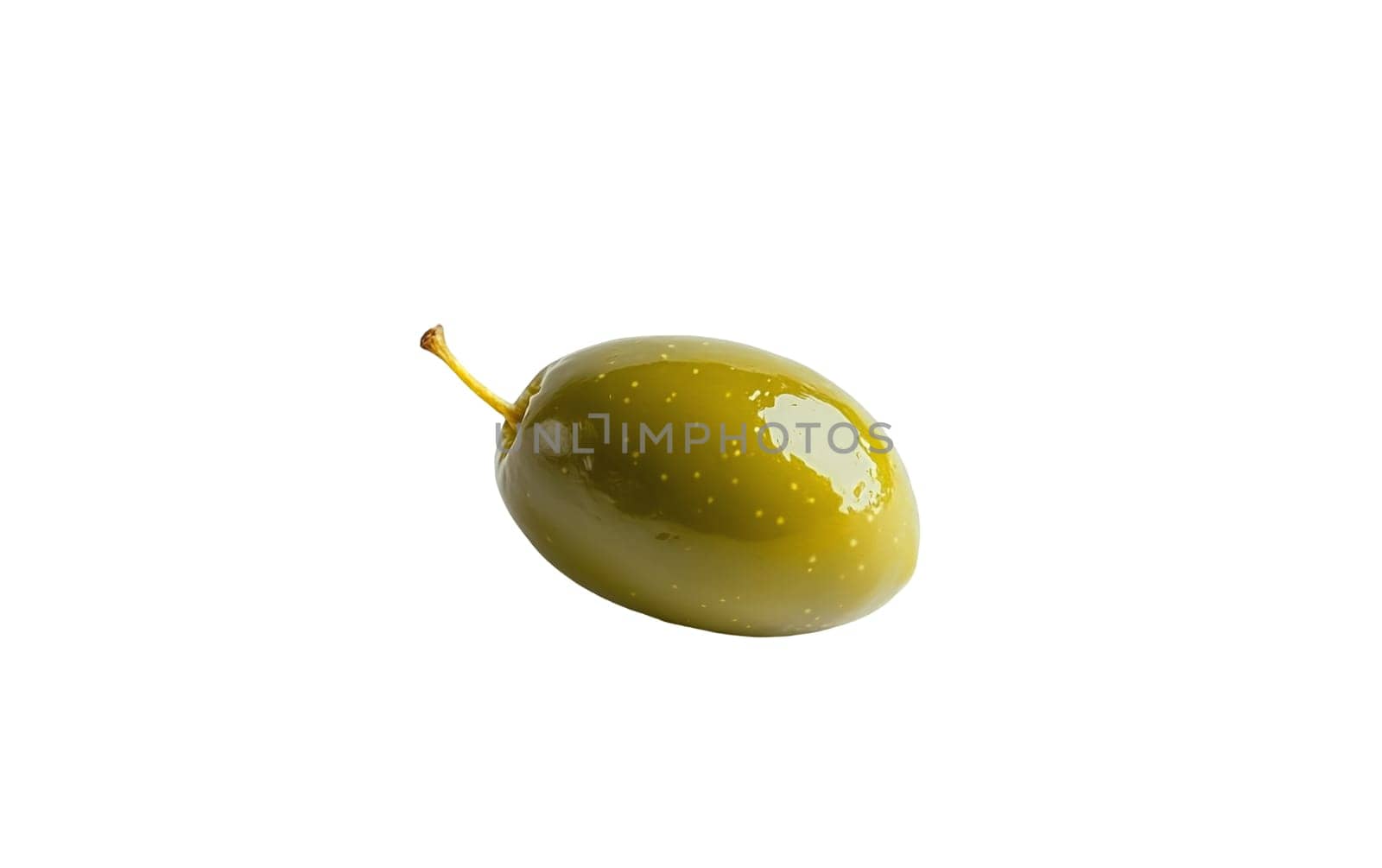 A single shiny green olive isolated on a white background, highlighting its smooth texture and natural sheen. Isolated on white background.