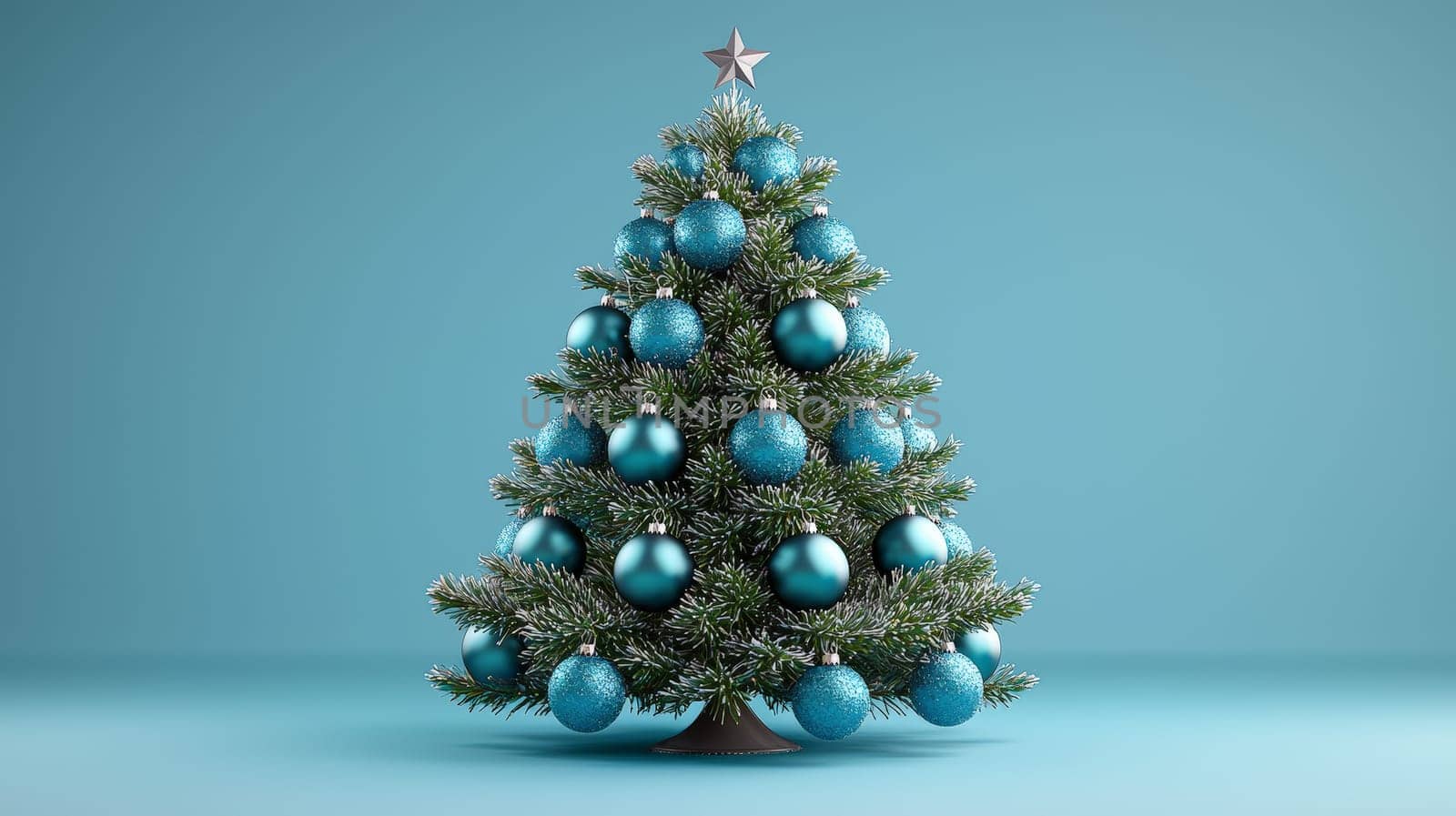 A stunning 3D-rendered Christmas tree adorned with vivid blue ornaments, capturing the holiday essence with rich color and intricate detail. This festive scene highlights the elegance of bright blue decorations contrasting beautifully against lush green branches.