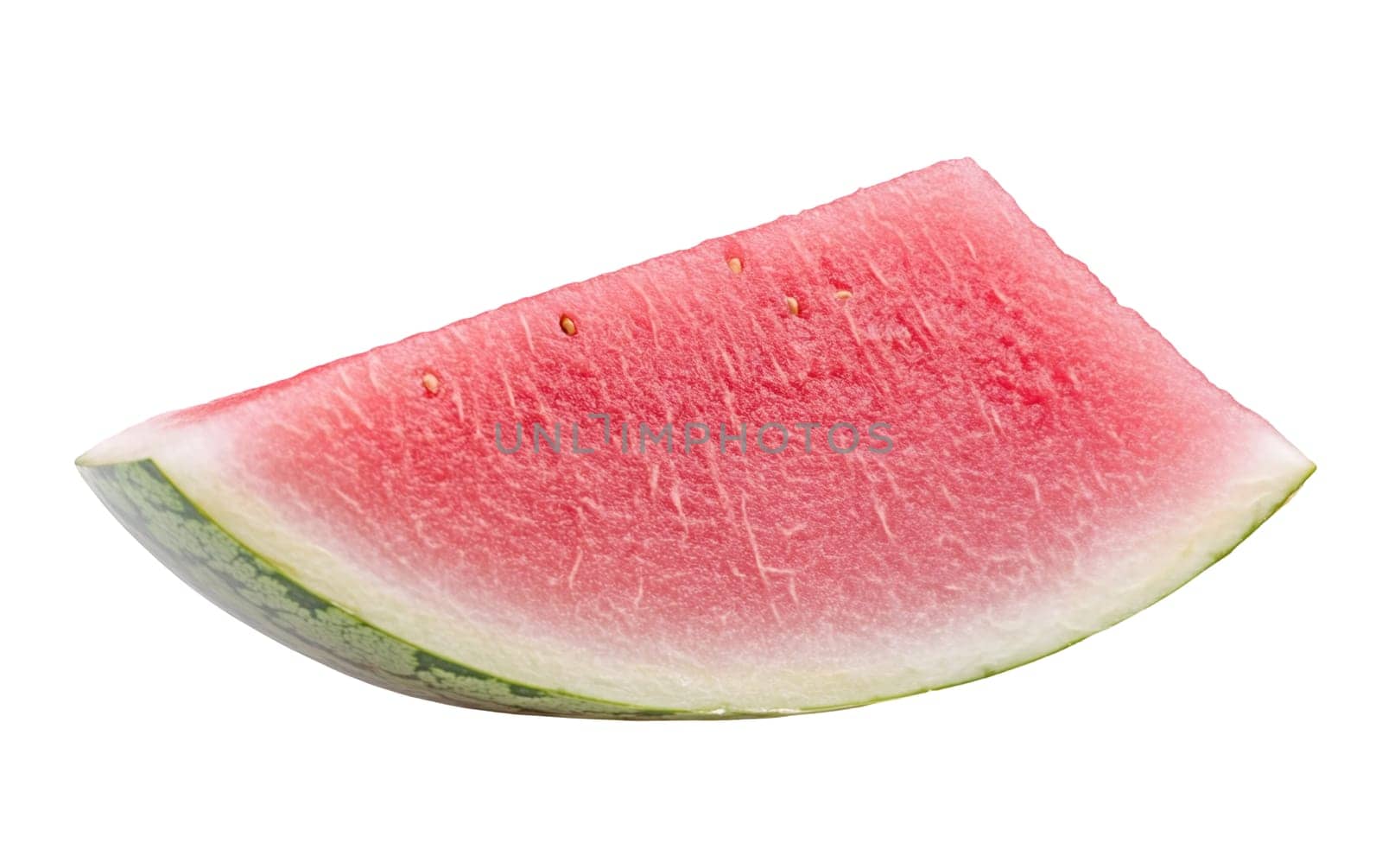 A fresh slice of watermelon highlighting its juicy red flesh and green rind, set against a white background. Isolated on white background.