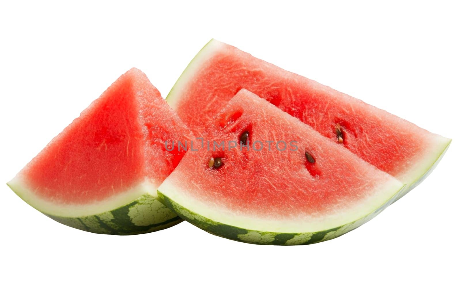 Two triangular slices of watermelon with red flesh and green rind, arranged artistically on a white background. Isolated on white background.