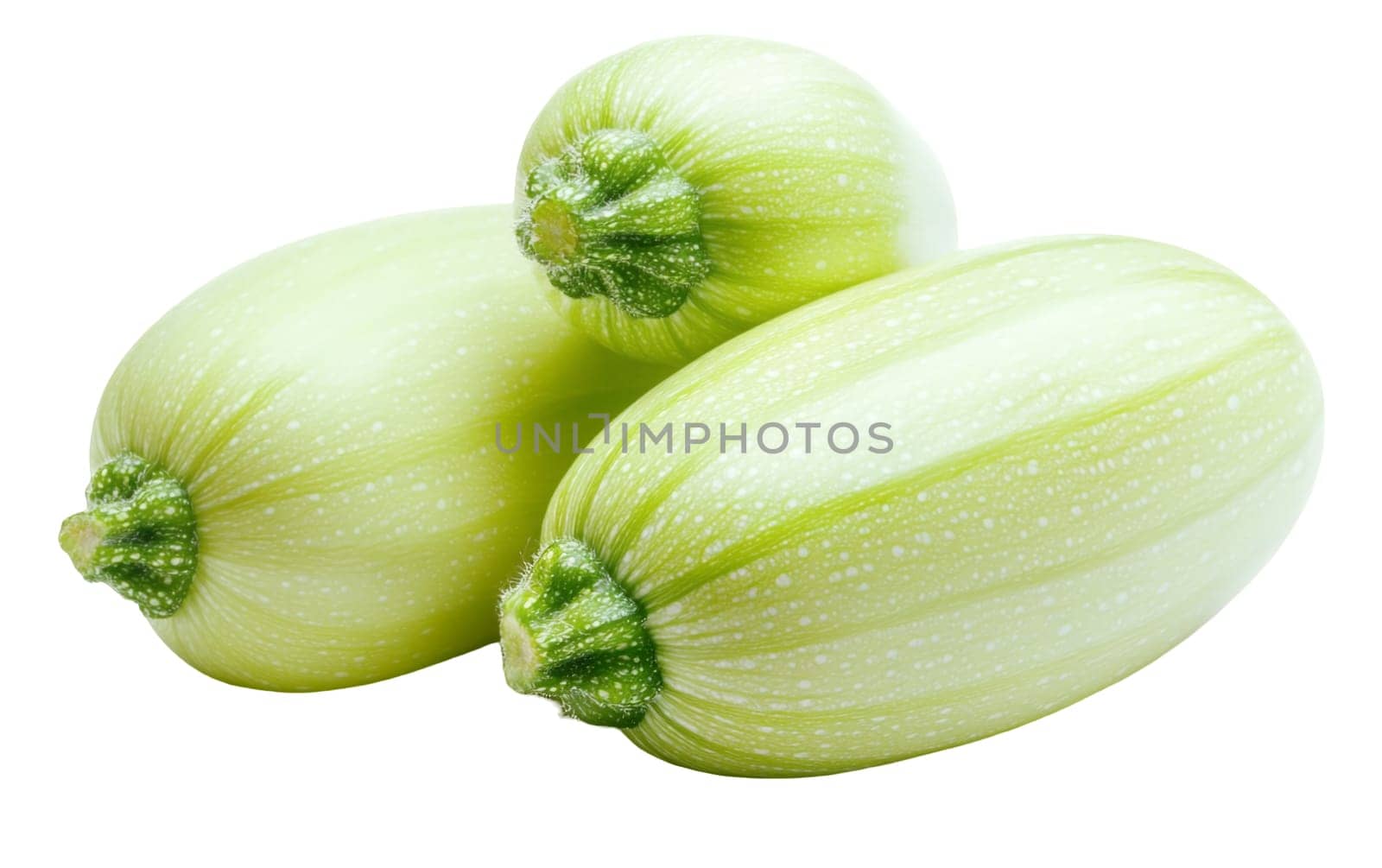 Three light green zucchinis on display, perfect for health and organic food concepts. Isolated on white background.
