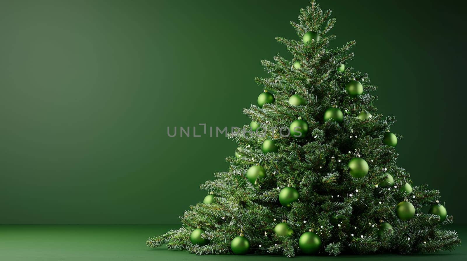 A detailed 3D graphic of a Christmas tree decorated with bright green ornaments, set against a rich green background. This monochromatic holiday scene highlights the harmony of natural and festive shades, perfect for celebrating the season.