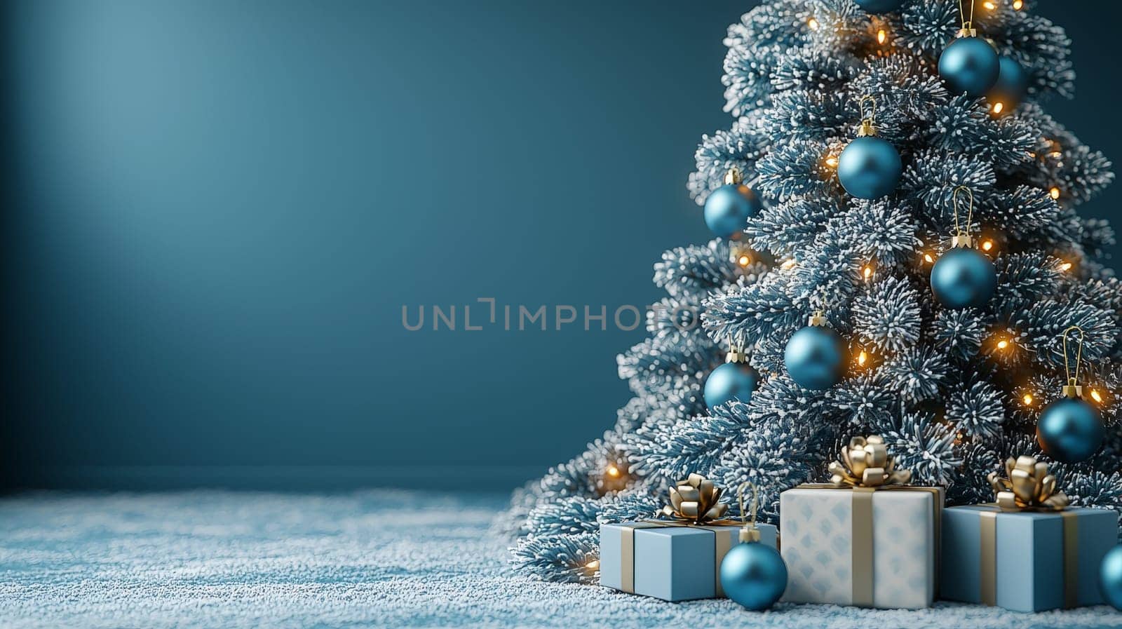 A stunning 3D-rendered Christmas tree adorned with vivid blue ornaments, capturing the holiday essence with rich color and intricate detail. This festive scene highlights the elegance of bright blue decorations contrasting beautifully against lush green branches.