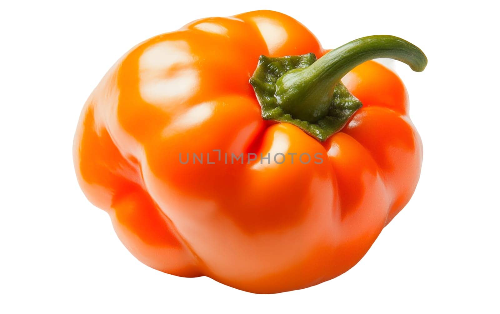 A vibrant orange bell pepper isolated on a white background, highlighting its glossy texture and fresh appearance. Isolated on white background.