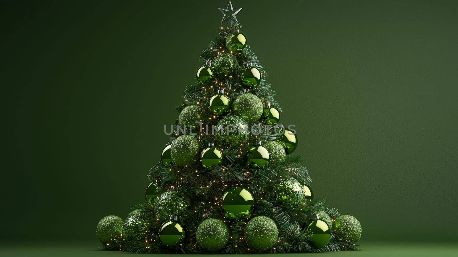 A detailed 3D graphic of a Christmas tree decorated with bright green ornaments, set against a rich green background. This monochromatic holiday scene highlights the harmony of natural and festive shades, perfect for celebrating the season.