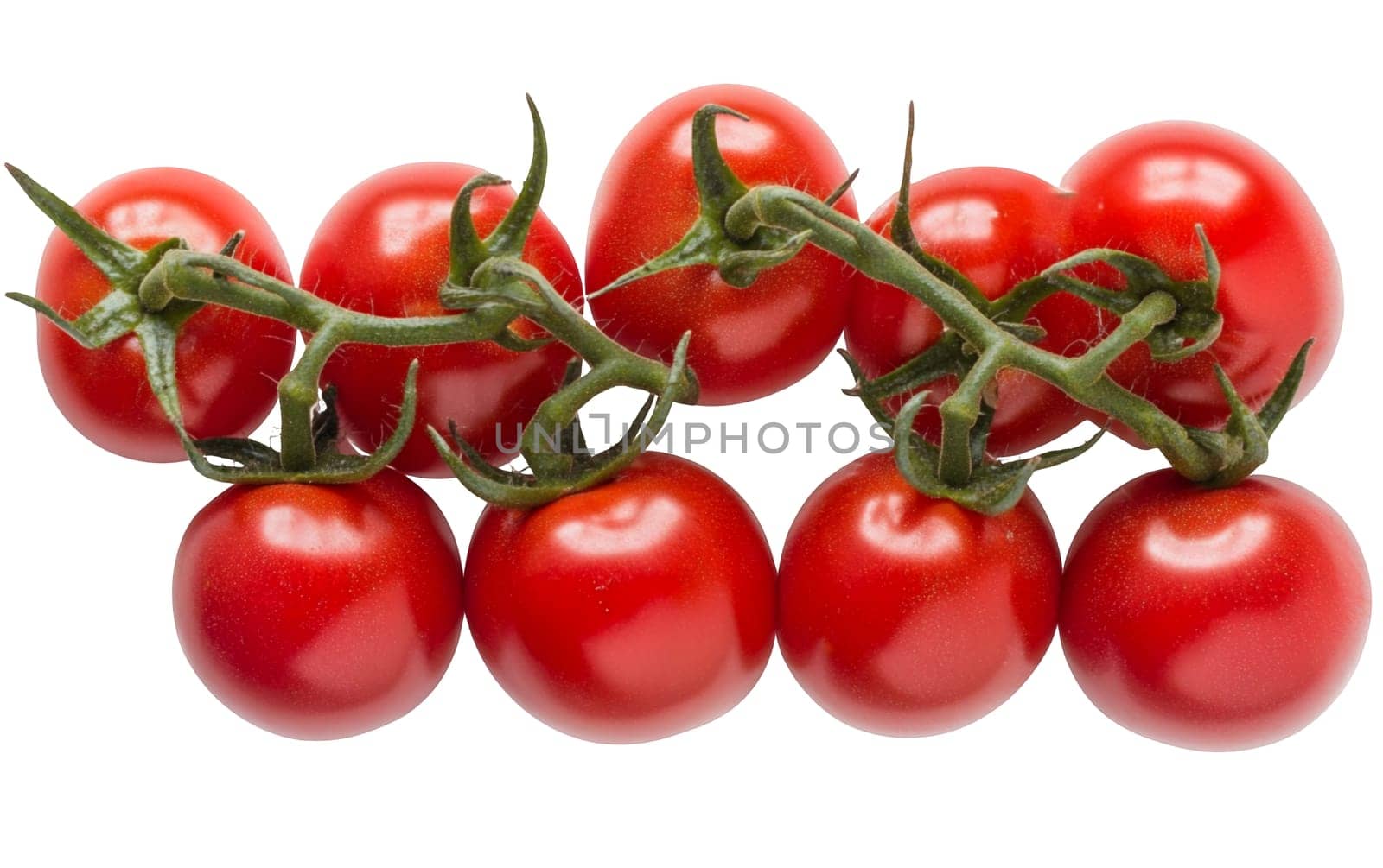 A bunch of ripe red tomatoes on the vine, showcasing vibrant color and freshness. Isolated on white background.