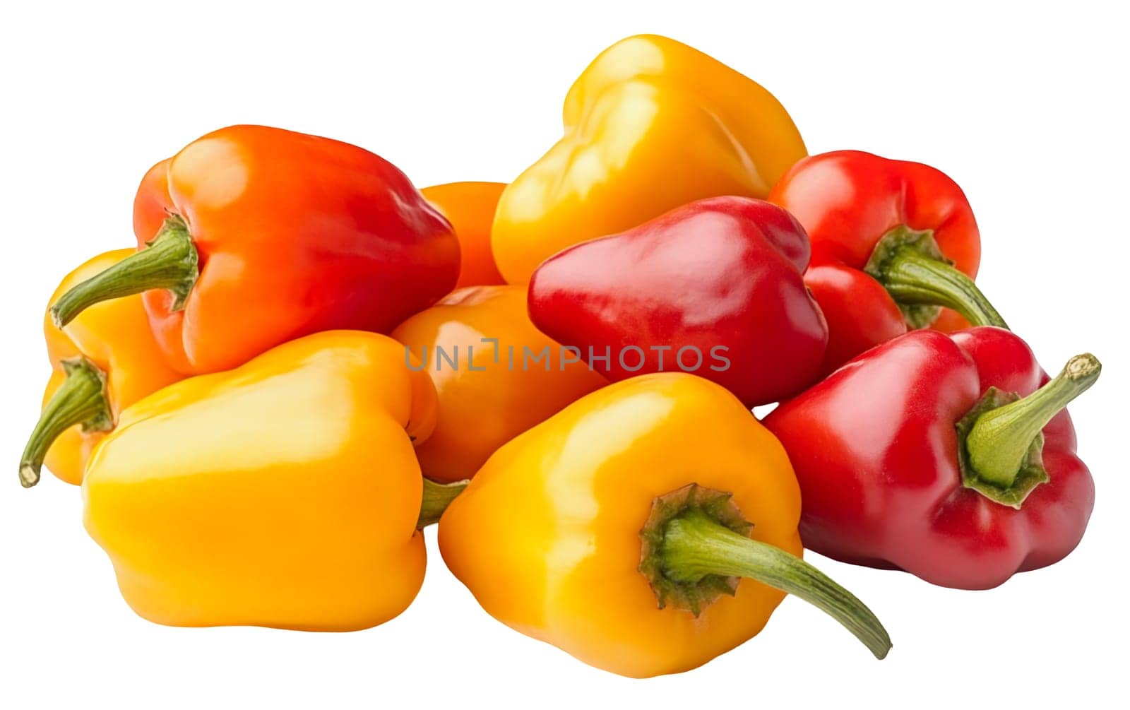 A colorful assortment of red and yellow bell peppers, highlighting their freshness and vibrancy. Isolated on white background.