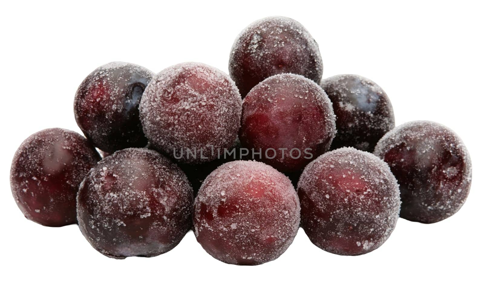 A pile of frosted red grapes, each berry encrusted with a delicate layer of frost, enhancing their freshness. Isolated on white background.